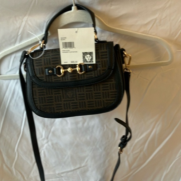 Anne Klein: Horsebit Flap satchel handbag- brown/black - Picture 3 of 9